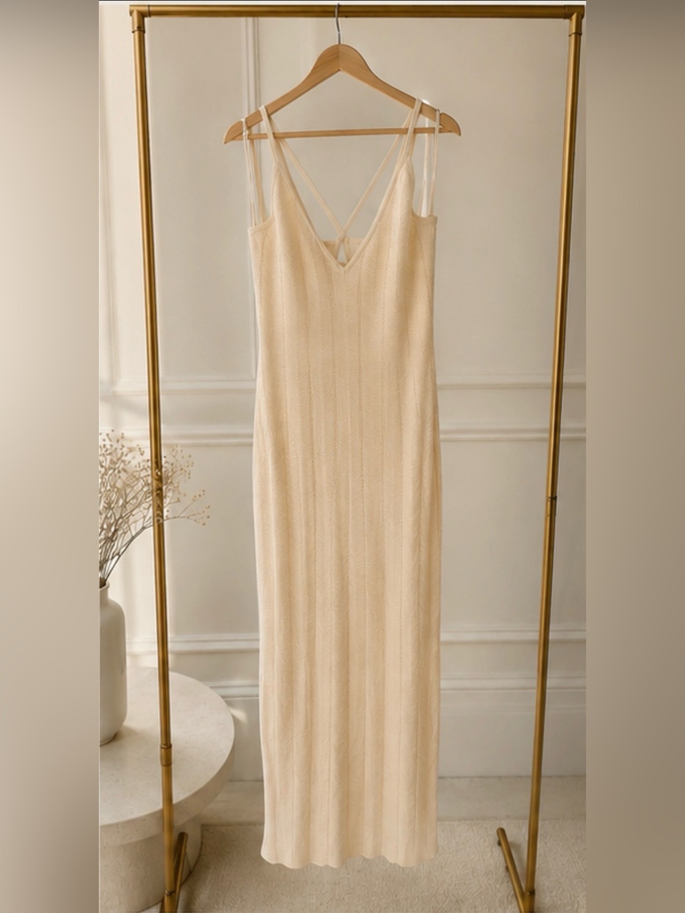 Ronny Kobo Cream Chevron Knit Strappy Midi Dress – Size M